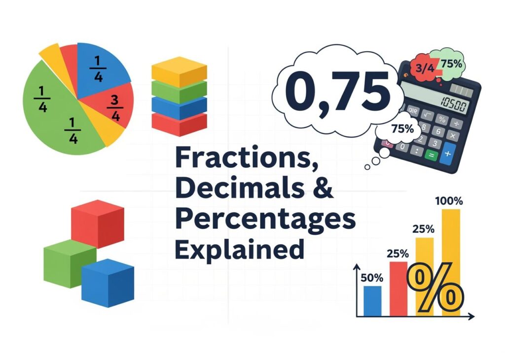 Math tutor visual lesson on fractions, decimals, and percentages with pie chart, calculator, and colorful blocks.