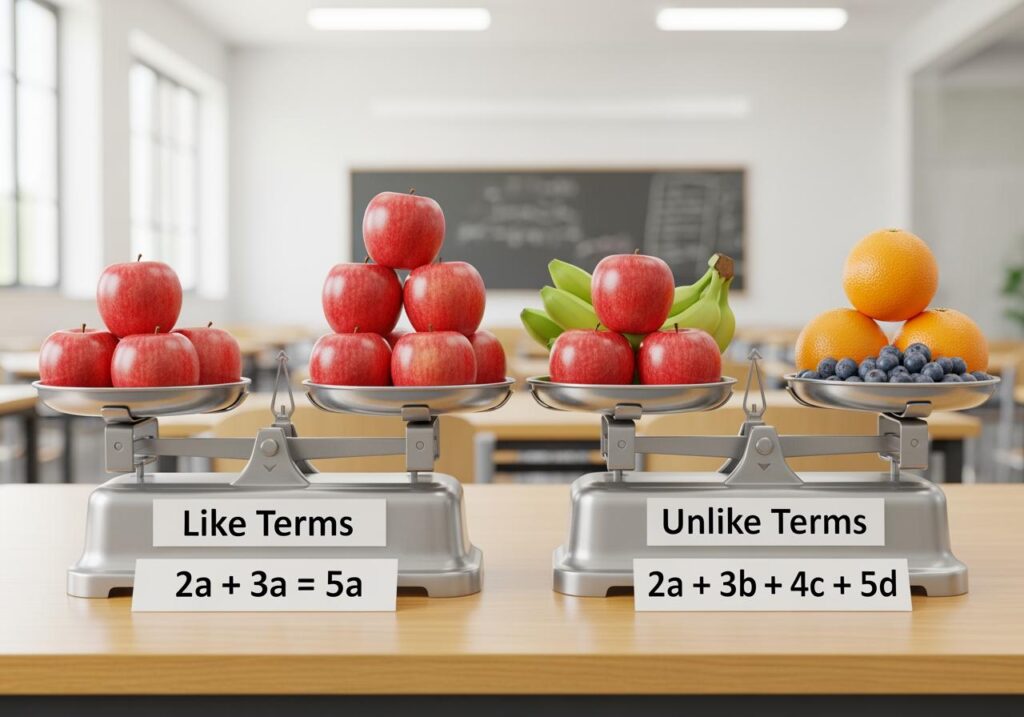 Classroom scales comparing like terms and unlike terms using apples, bananas, oranges, and blueberries to explain algebra simplification.