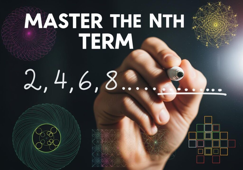 Math tutor writing number sequence 2, 4, 6, 8 to explain nth term patterns on a transparent board with geometric designs.