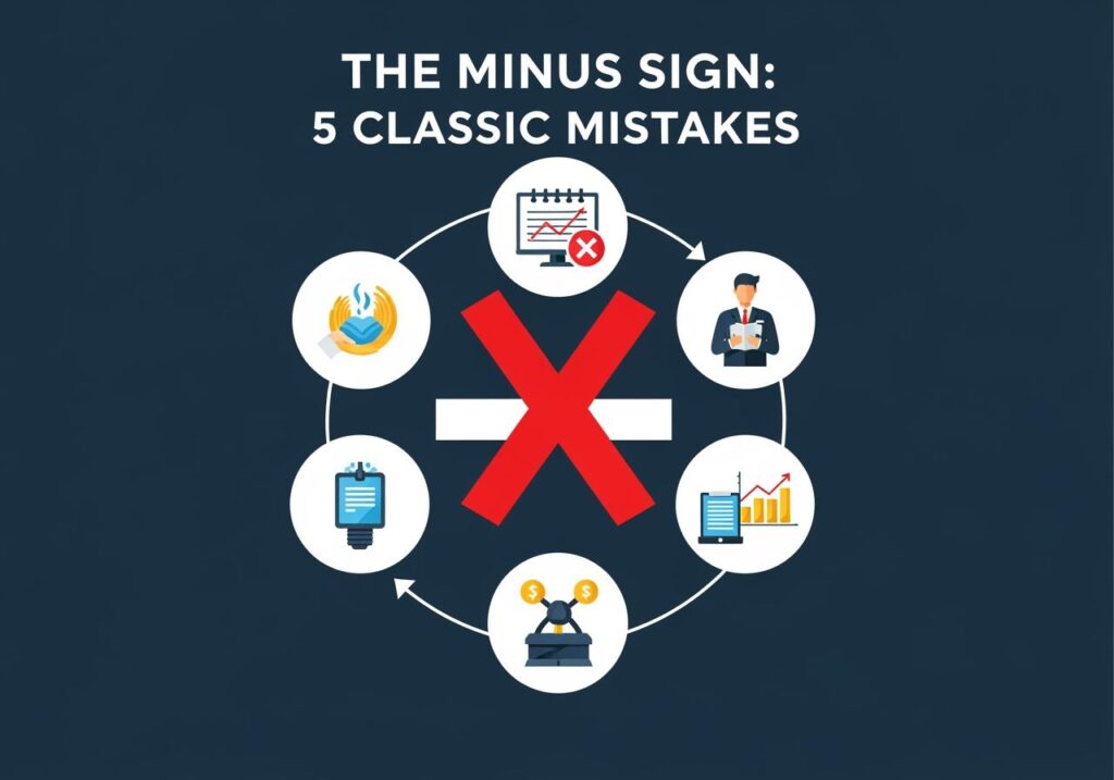 Infographic showing common mistakes with the minus sign in math, titled 'The Minus Sign: 5 Classic Mistakes', with educational icons and a large red X symbol.