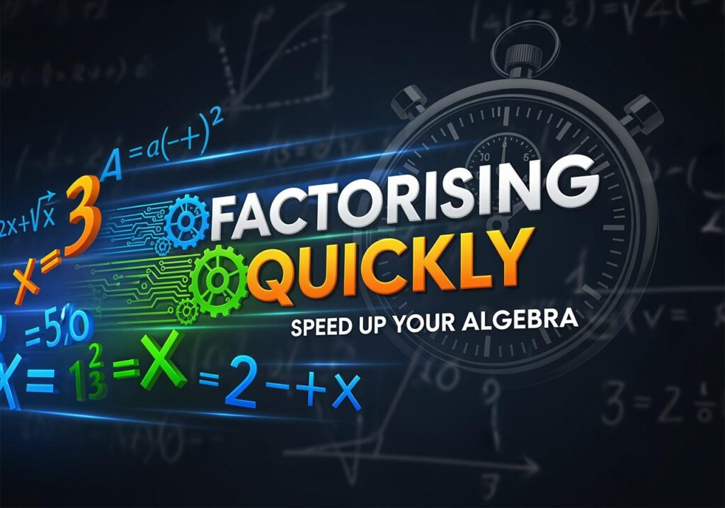 Factorising Quickly algebra lesson with stopwatch and math equations by math tutor