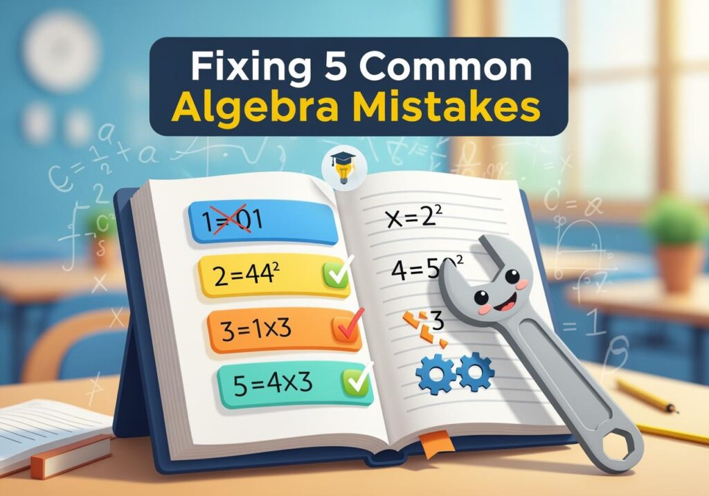 Open math book showing examples of algebra mistakes being corrected with a smiling wrench, titled Fixing 5 Common Algebra Mistakes by Interactive Tutors