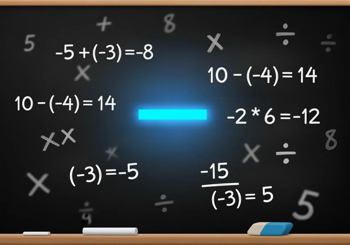 Chalkboard showing math equations with negative numbers used in a lesson about arithmetic operations explained by a math tutor.
