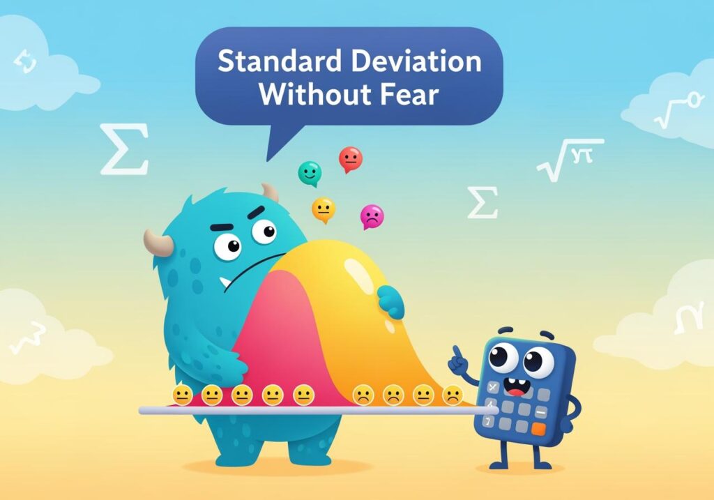 Cute blue monster and smiling calculator teaching standard deviation concept in math lesson by Interactive Tutors math tutor.