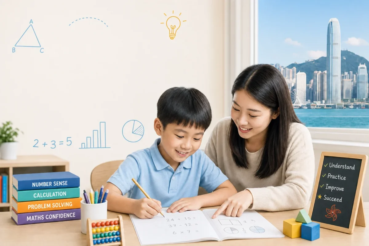 A primary maths tutor helping a student work through maths problems in Hong Kong