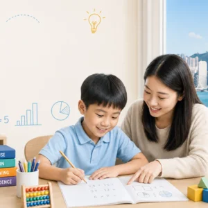 A tutor helps a young boy with math problems at a desk, with educational tools and a Hong Kong skyline in the background.
