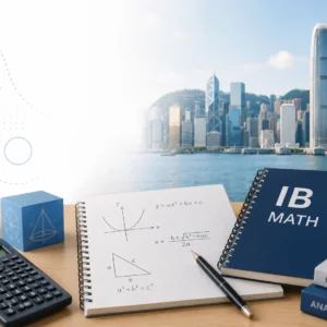 IB Math study materials on a desk with a Hong Kong skyline in the background.
