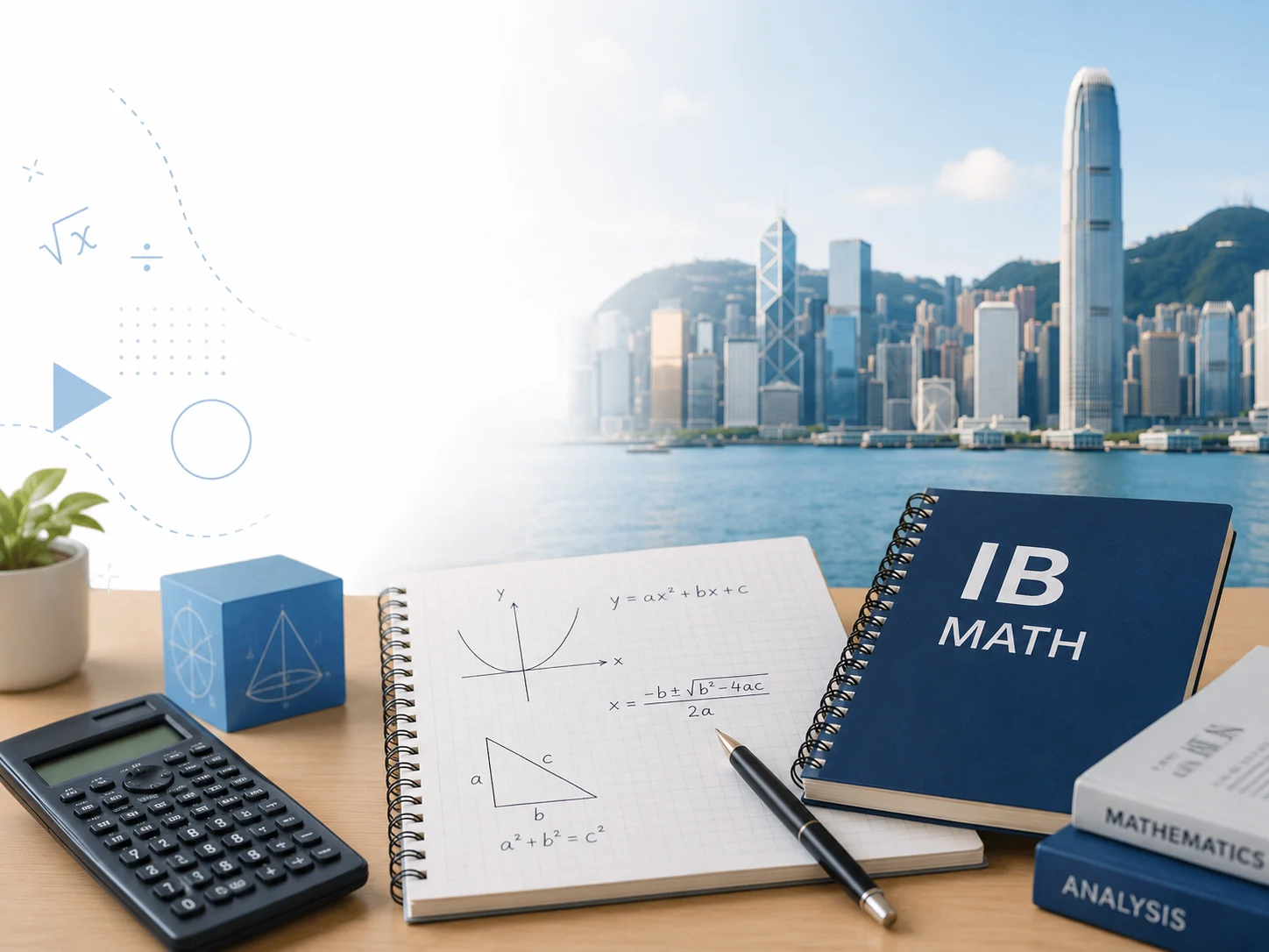 IB Math study materials on a desk with a Hong Kong skyline in the background.