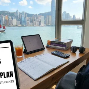 Study setup with IGCSE math books, tablet, and open planner on a desk overlooking Hong Kong skyline.