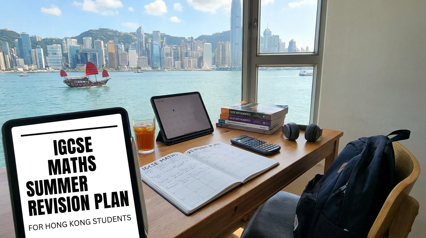 Study setup with IGCSE math books, tablet, and open planner on a desk overlooking Hong Kong skyline.