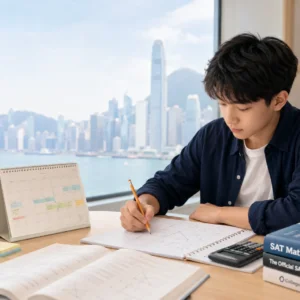 Student studying SAT math with books, calculator, and calendar by a window overlooking a city skyline.