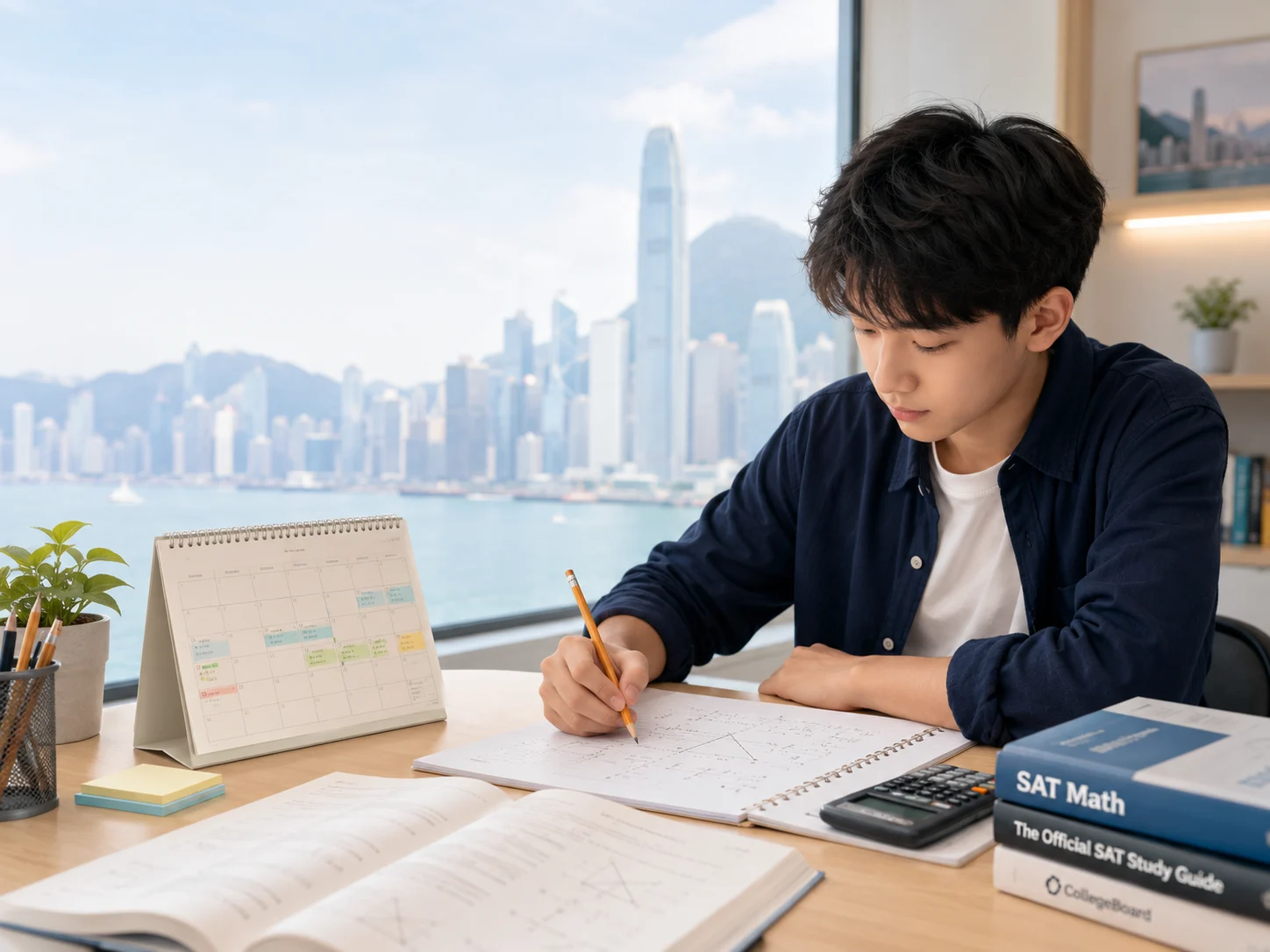 Student studying SAT math with books, calculator, and calendar by a window overlooking a city skyline.